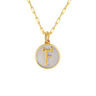 Saints and Saviors Dainty Fancy Initial Pendant Necklace gold letter F on small silver disc