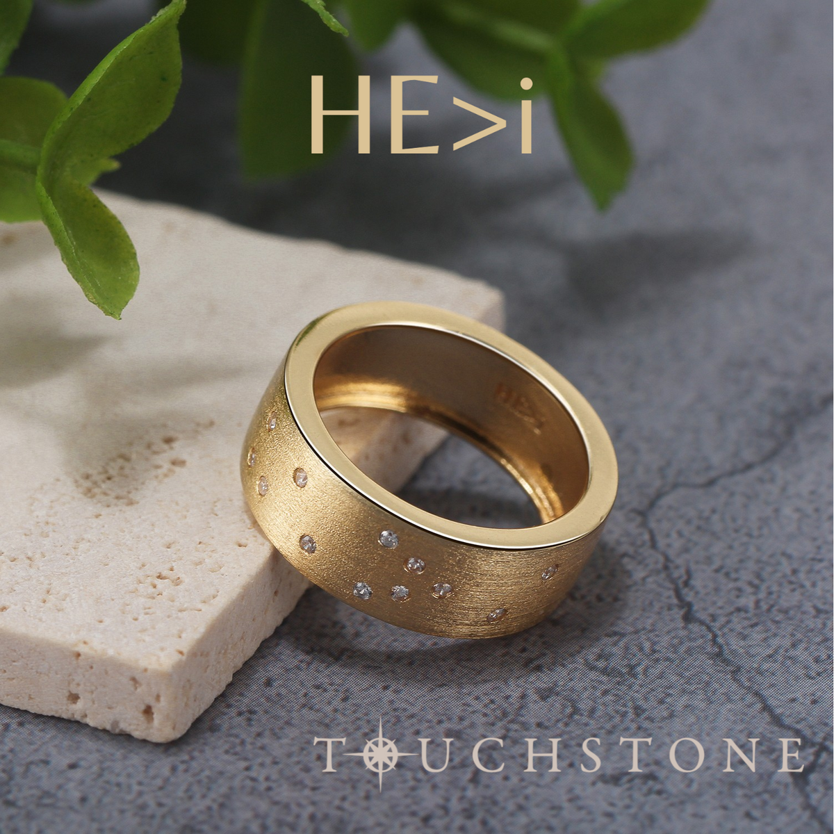 Touchstone HE>i Band Ring Brushed Gold "He is Greater Than I" in Braille Crystals