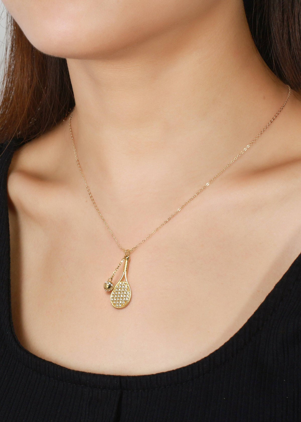 LoveMatch Tennis LOVE Bling Dainty Chain Gold Necklace on model