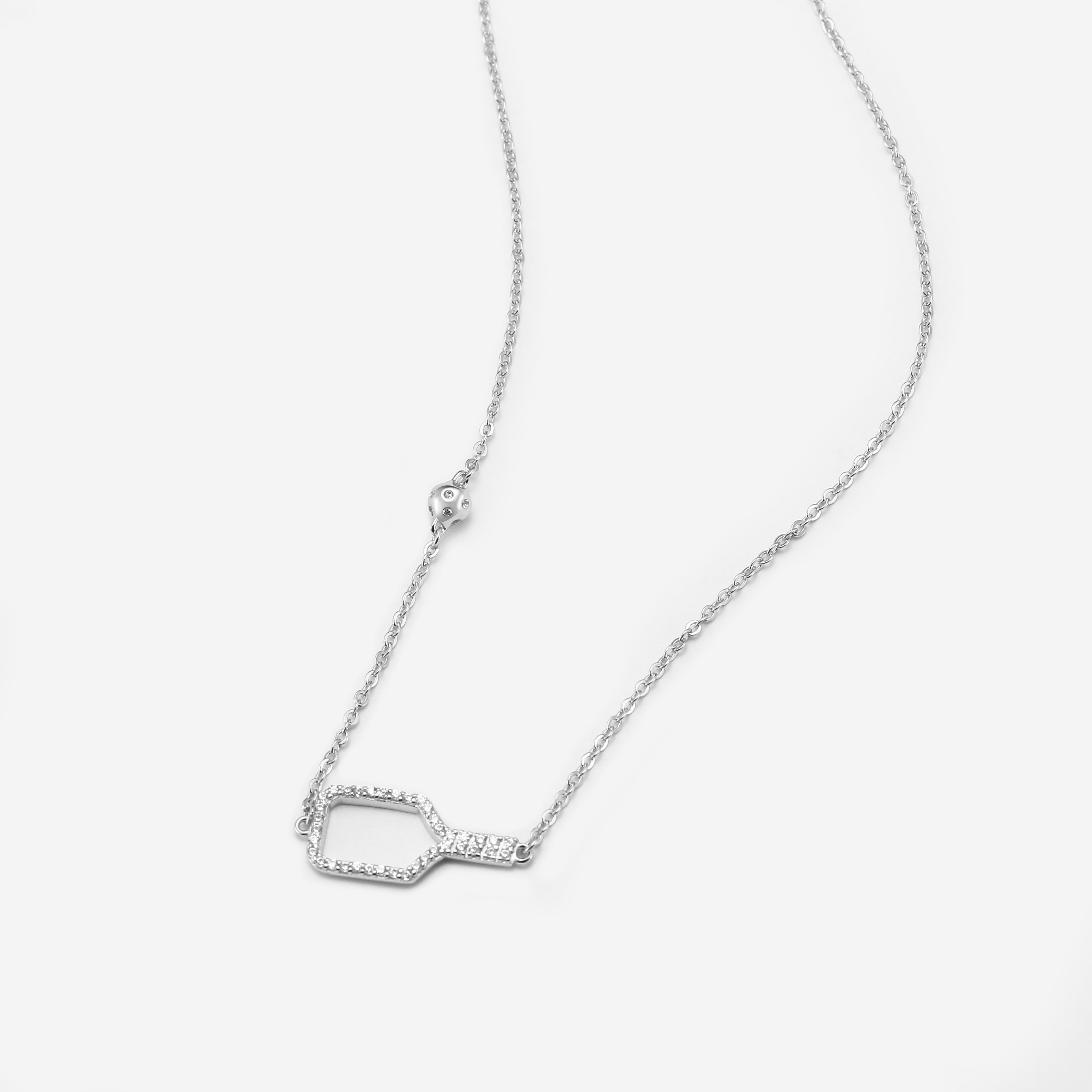 Pickleball Bella Bling Silver Paddle and Ball Necklace with Crystals