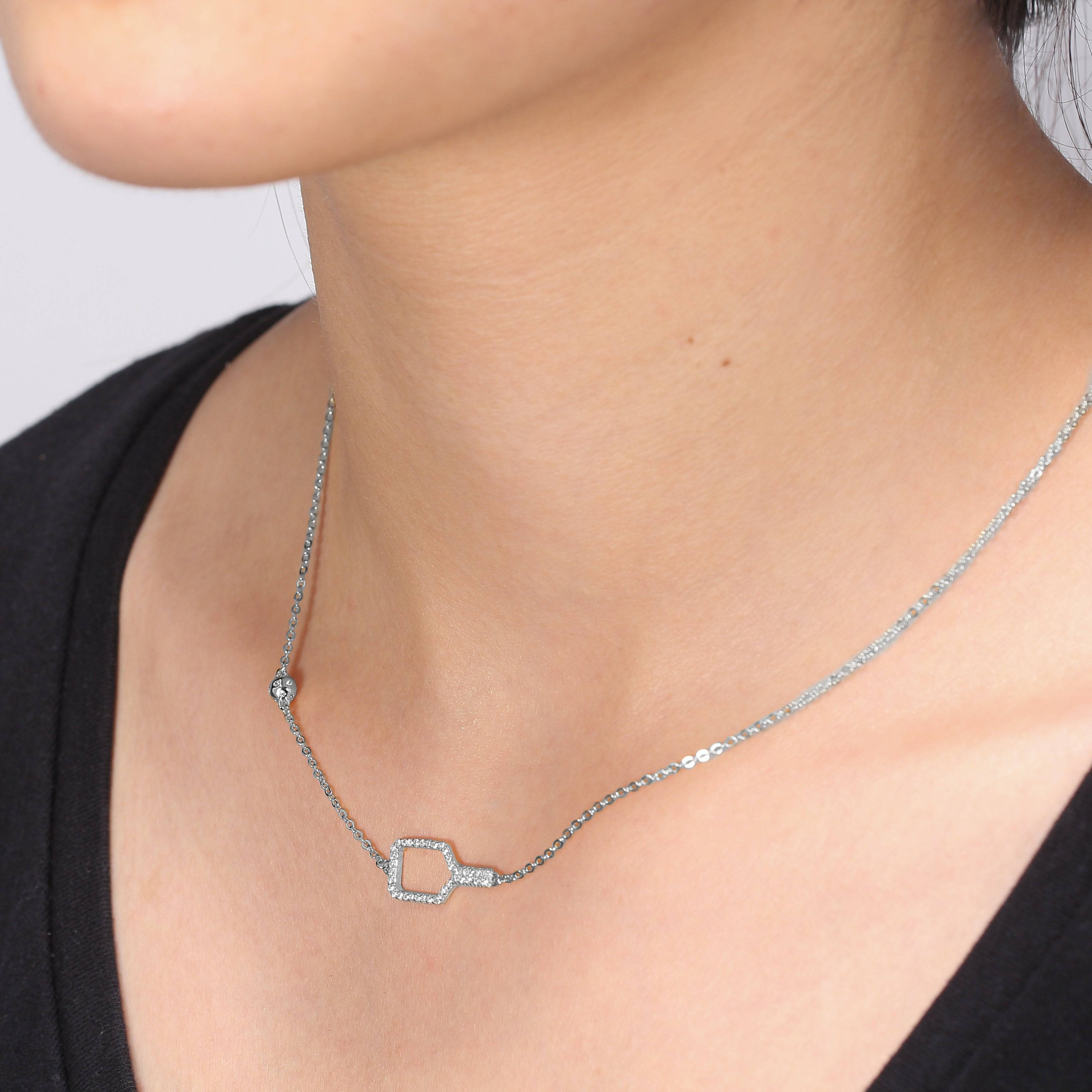 Pickleball Bella Bling Silver Paddle and Ball Necklace on Model