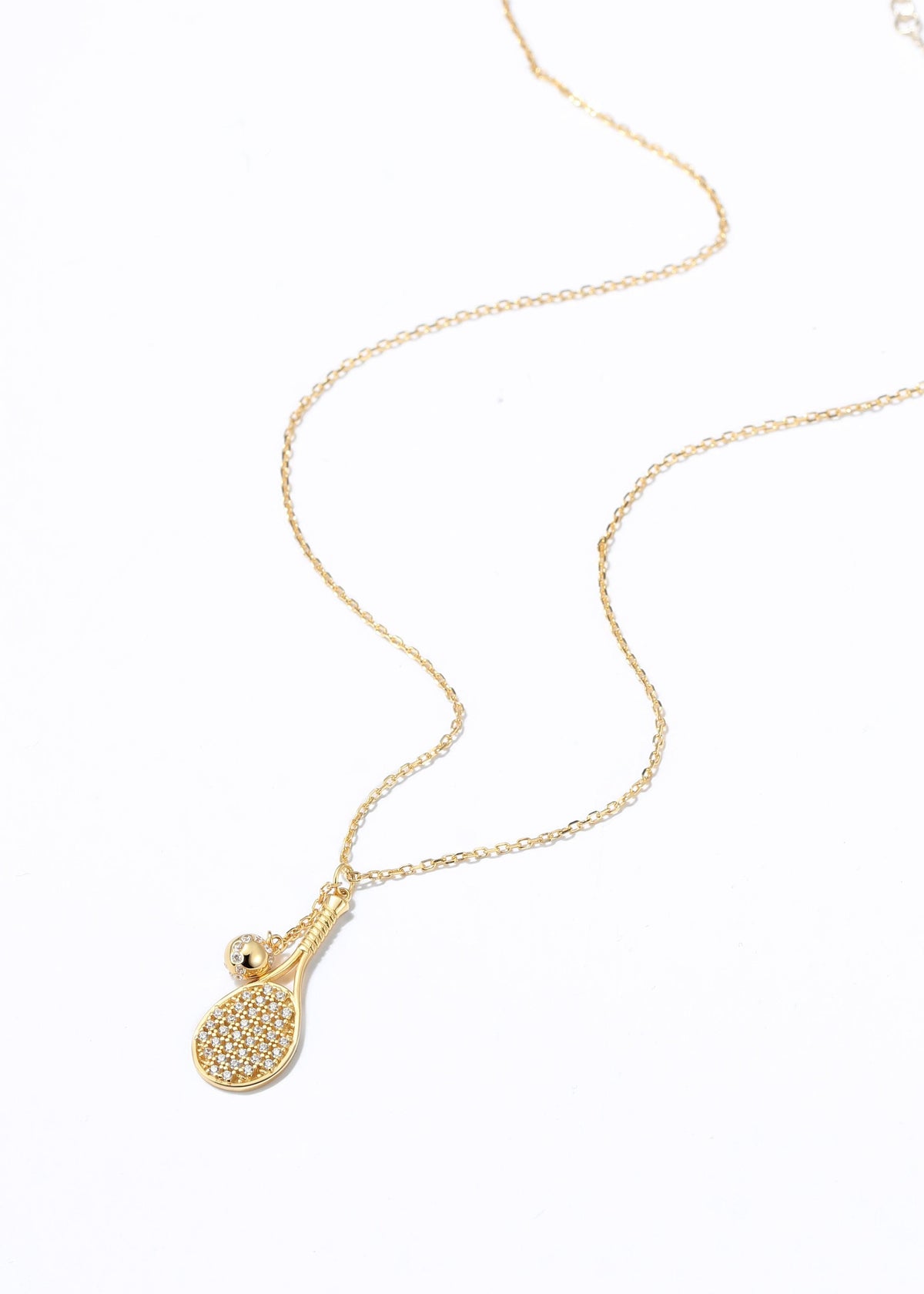 LoveMatch Tennis LOVE Bling Racquet and Ball on Dainty Chain Gold Necklace with crystals