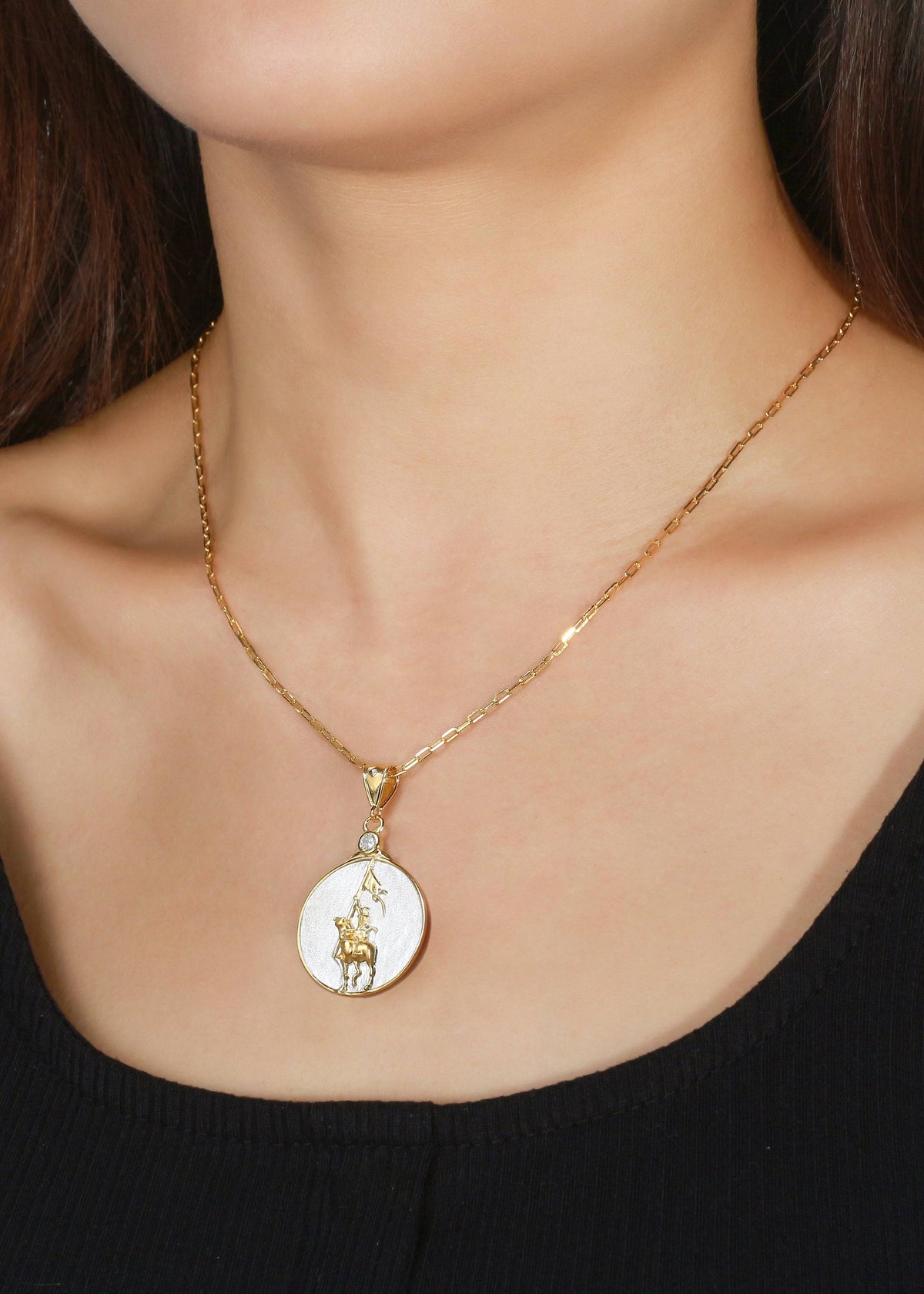 Saints and Saviors Joan of Arc March Pendant Necklace on model two-tone silver and gold