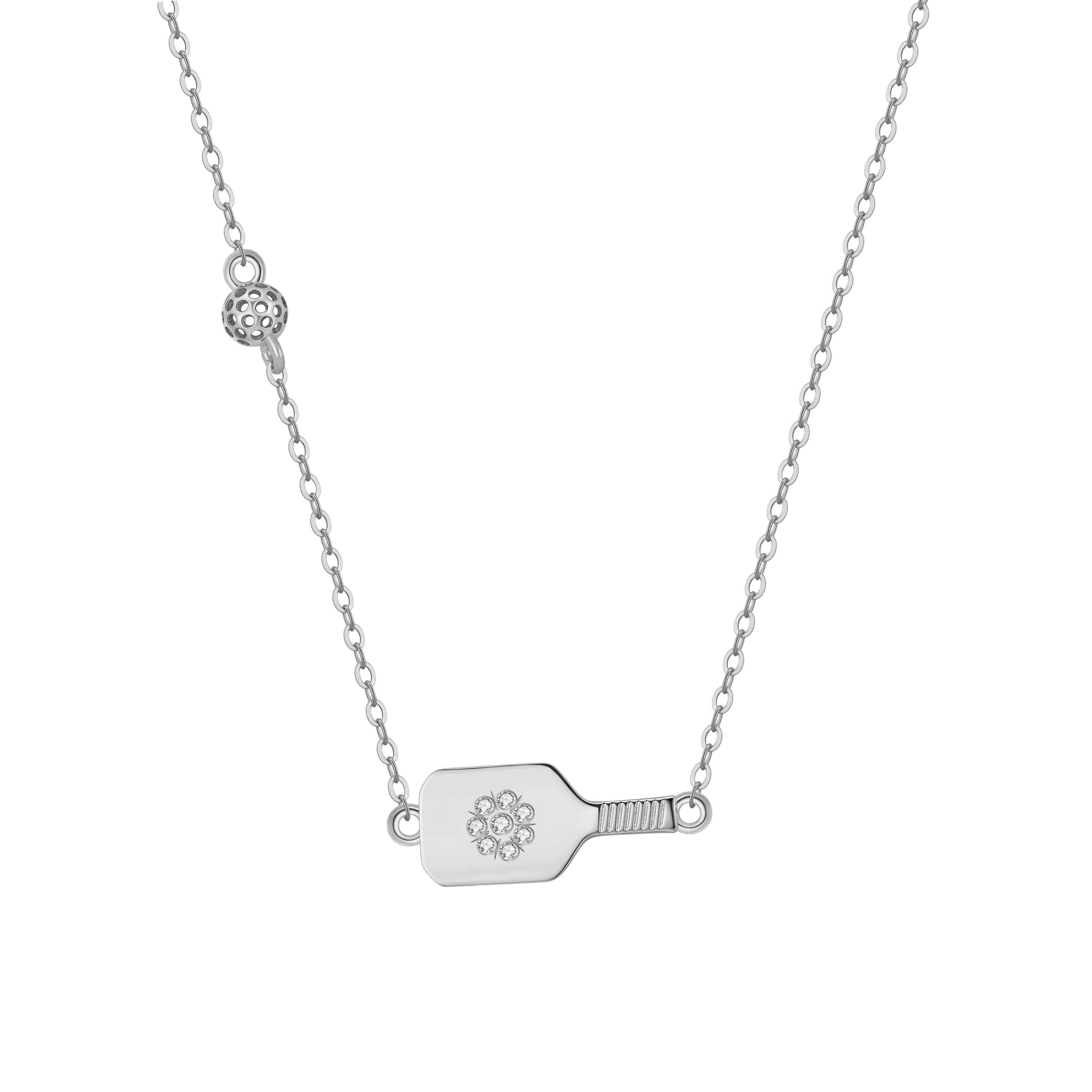 Pickleball Dainty Dinker Flower Paddle and Ball Silver Necklace