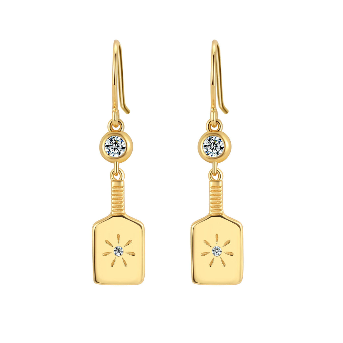Pickleball Paddle Drop Gold Earrings with Crystal