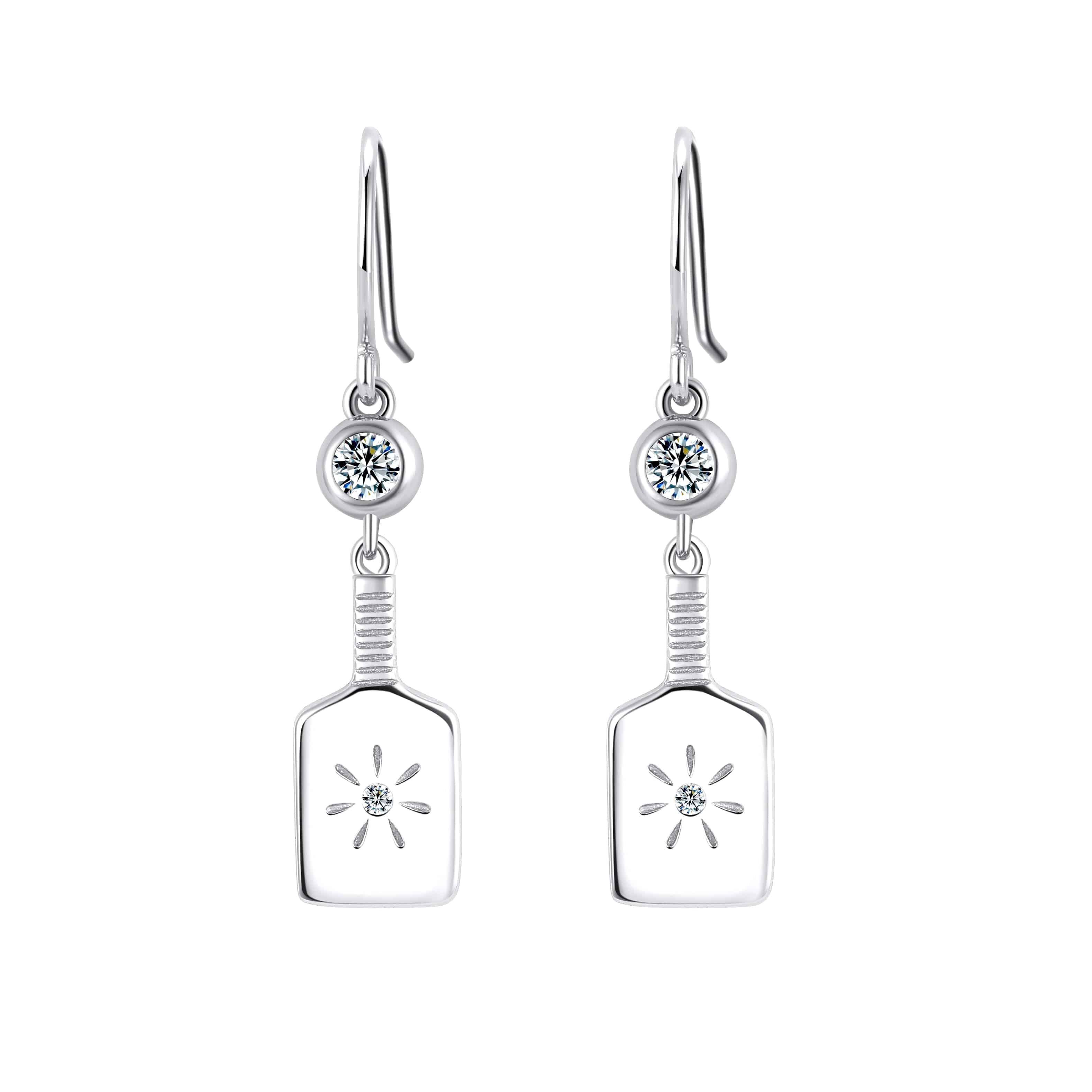 Pickleball Paddle Drop Silver Earrings with Crystal