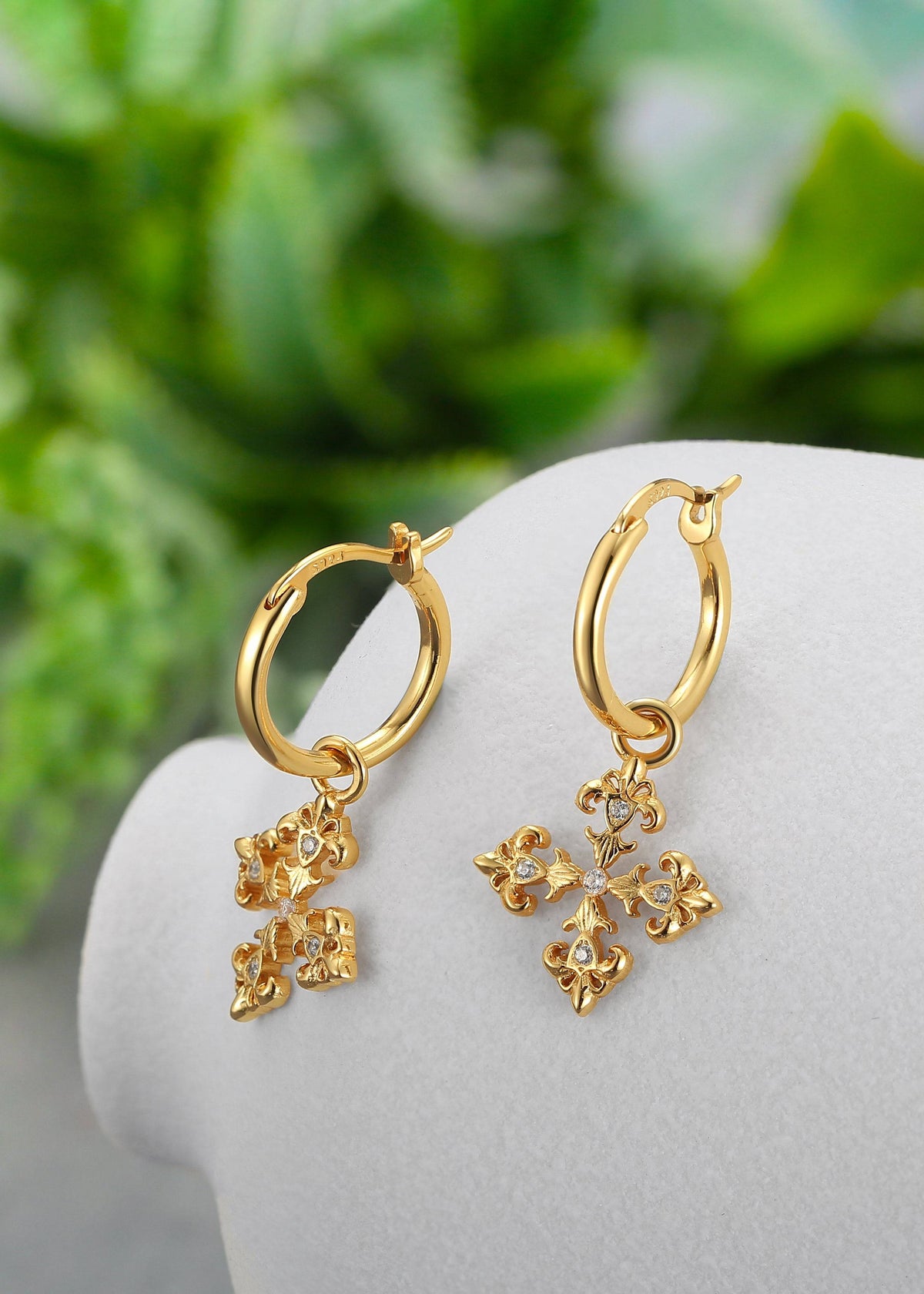 Saints and Saviors Gold Fleur De Lis Cross Hoop Earrings