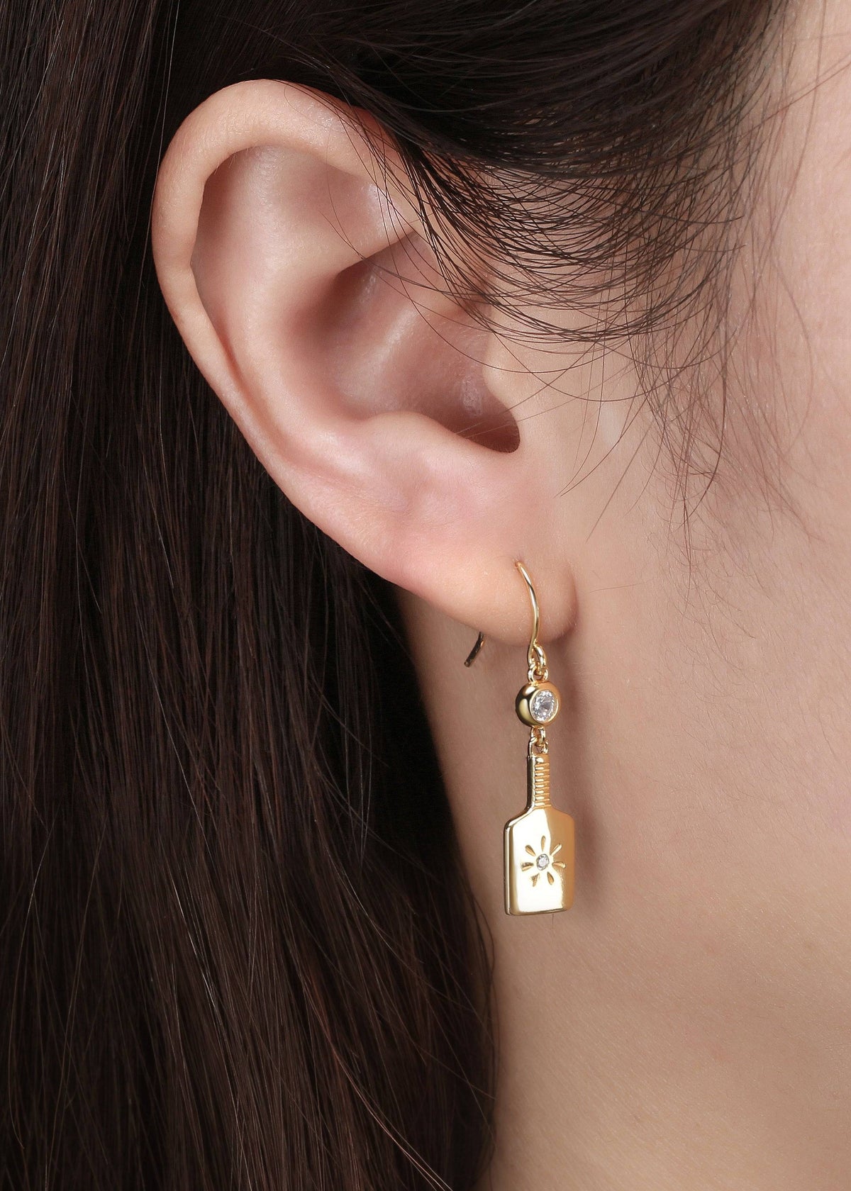 Pickleball Paddle Drop Gold Earrings on Model