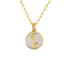 Saints and Saviors Dainty Fancy Initial Pendant Necklace gold letter I on small silver disc