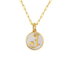 Saints and Saviors Dainty Fancy Initial Pendant Necklace gold letter J on small silver disc