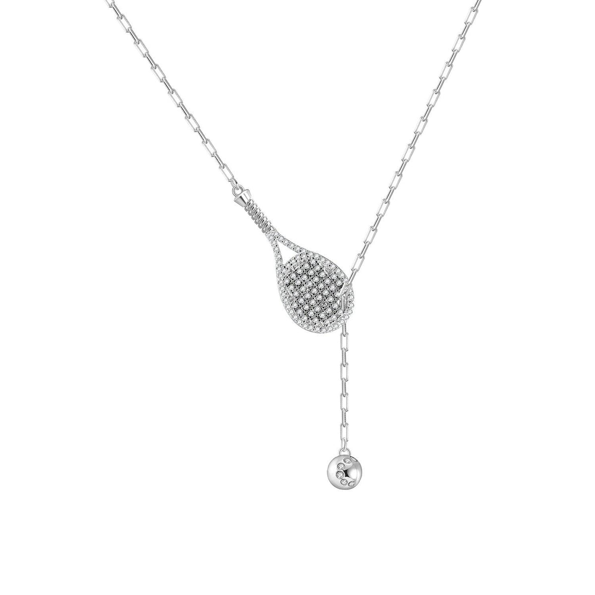 LoveMatch Tennis Lariat Bling Racquet and Ball Necklace Silver with Crystals