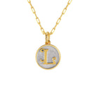 Saints and Saviors Dainty Fancy Initial Pendant Necklace gold letter L on small silver disc