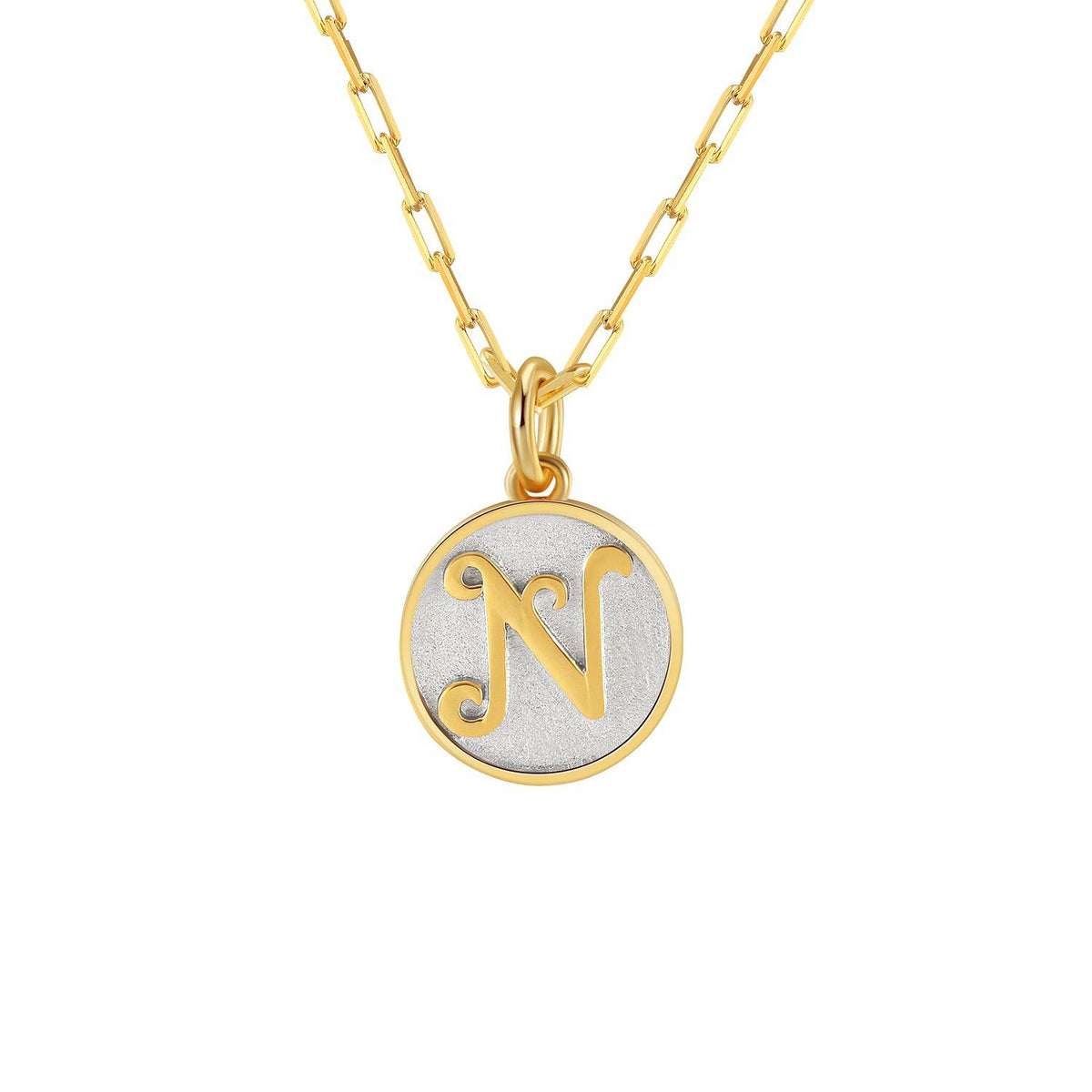 Saints and Saviors Dainty Fancy Initial Pendant Necklace gold letter N on small silver disc