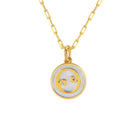 Saints and Saviors Dainty Fancy Initial Pendant Necklace gold letter O on small silver disc