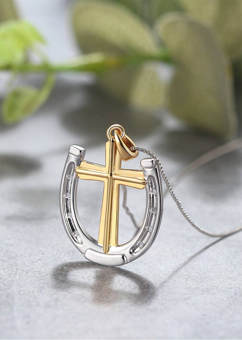 Saints and Saviors Rider's Prayer Two-Tone Horseshoe and Cross Necklace on Silver Chain