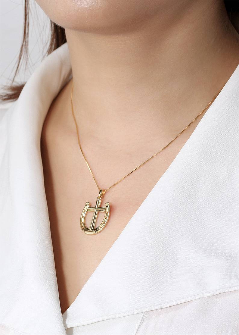 Saints and Saviors Rider's Prayer Gold Necklace on model