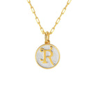 Saints and Saviors Dainty Fancy Initial Pendant Necklace gold letter R on small silver disc