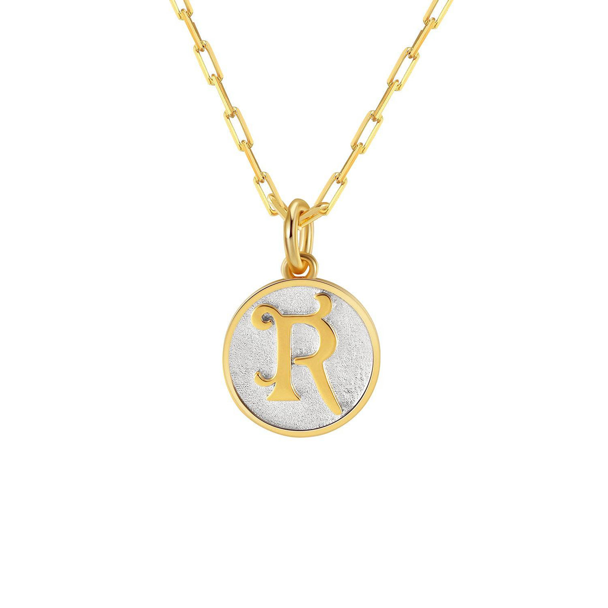Saints and Saviors Dainty Fancy Initial Pendant Necklace gold letter R on small silver disc