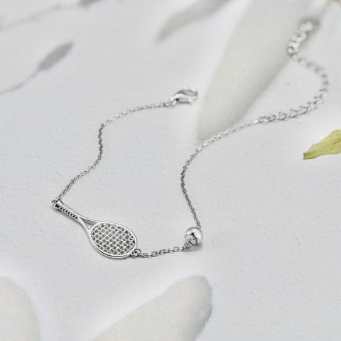 LoveMatch Tennis Ace Racquet and ball on silver chain Bracelet on white background