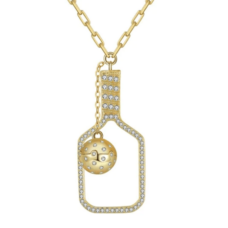 Pickleball The Volley Plus Gold Paddle and Ball with Crystals Necklace
