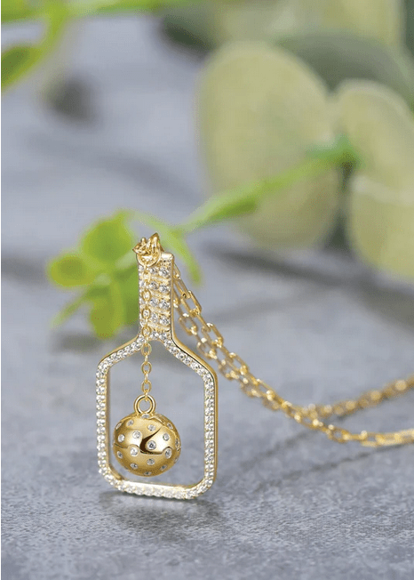 Pickleball The Volley Plus Gold Paddle and Ball Necklace with Crystals