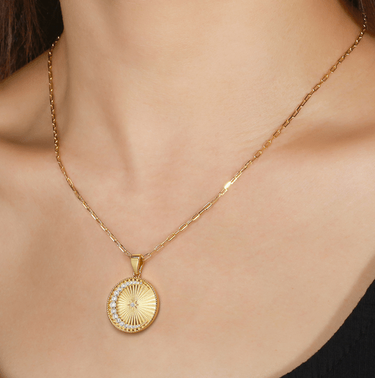 Over The Moon Pink Pendant with ombre crystals Necklace on model