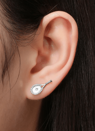 LoveMatch Tennis Racquet Bling Stud Earrings Silver on model