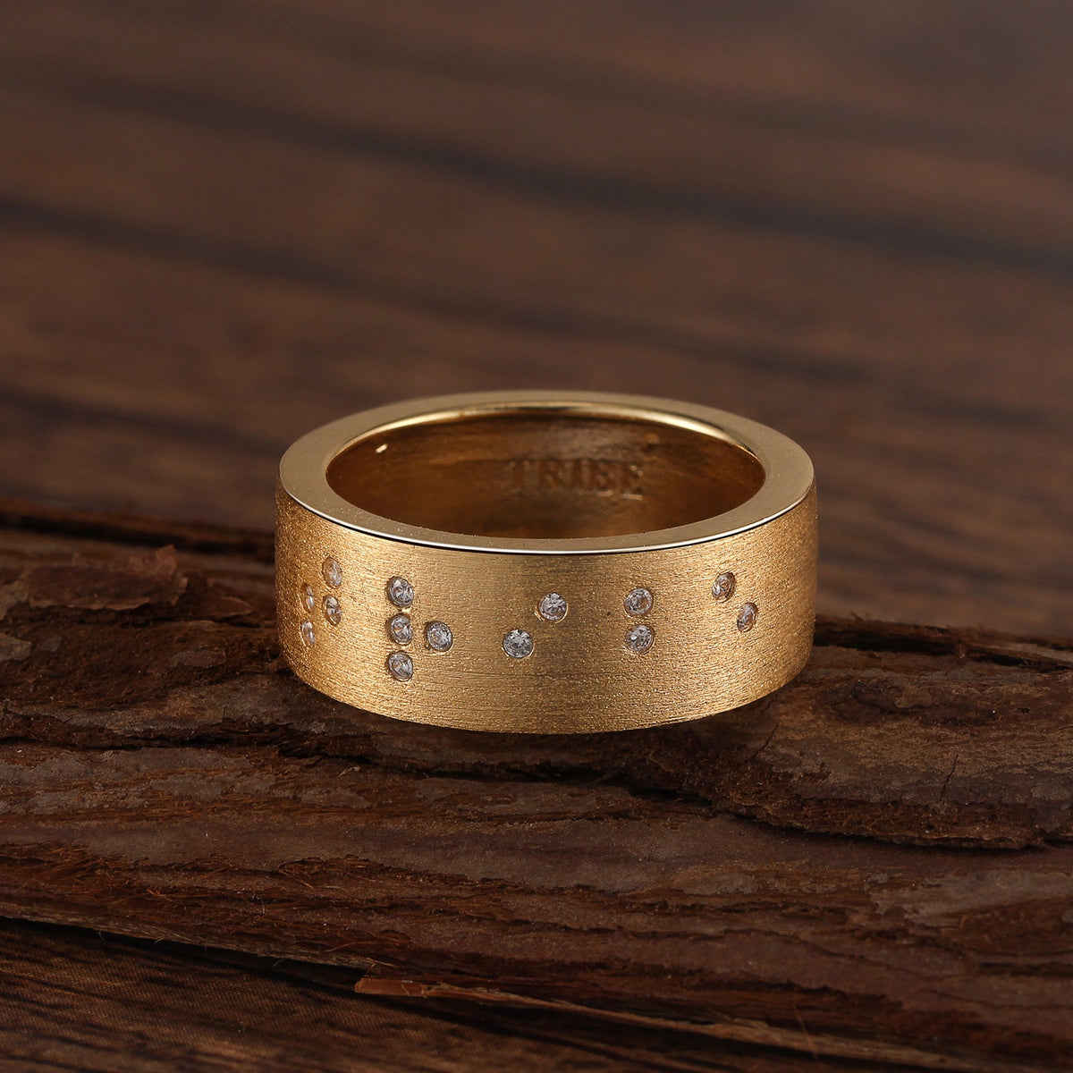 Touchstone 'Tribe' Message in Braille Crystals and Etched Inside Band Ring Brushed Gold