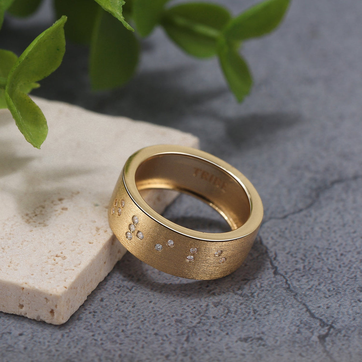 Touchstone Tribe Band Ring Brushed Gold with Braille Crystals