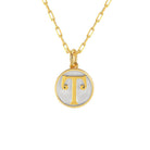 Saints and Saviors Dainty Fancy Initial Pendant Necklace gold letter T on small silver disc