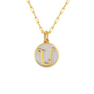 Saints and Saviors Dainty Fancy Initial Pendant Necklace gold letter U on small silver disc