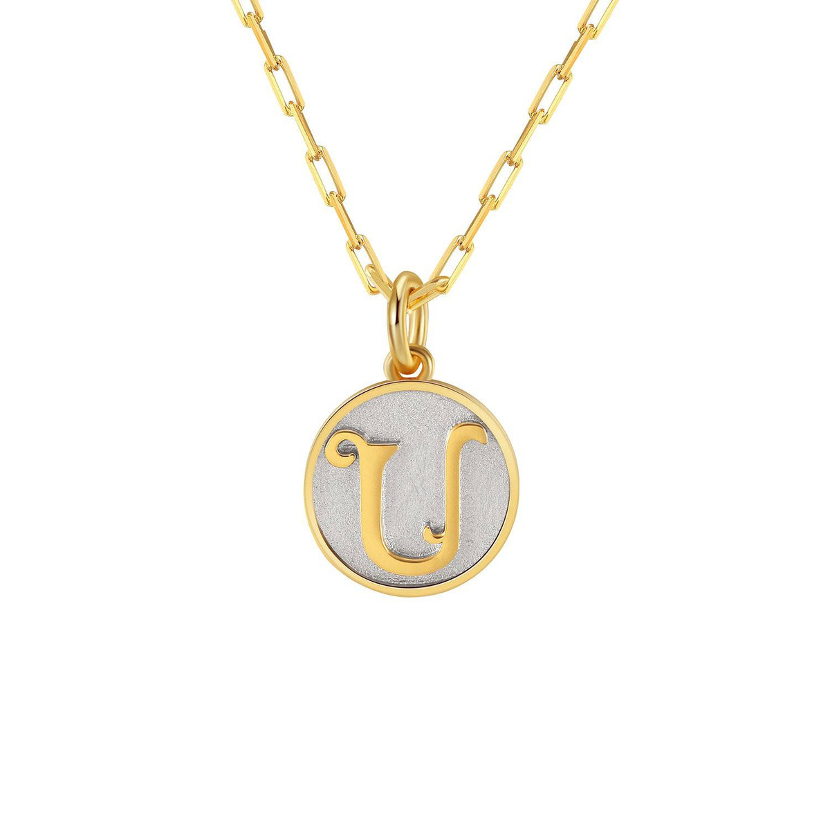 Saints and Saviors Dainty Fancy Initial Pendant Necklace gold letter U on small silver disc