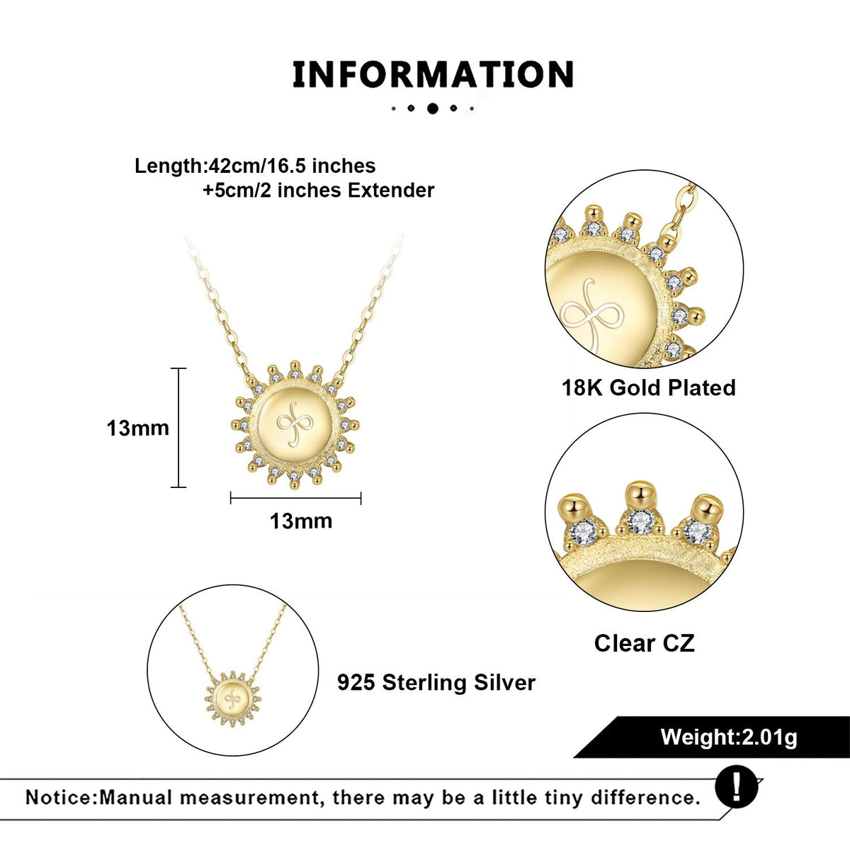 friendship necklace size and finish information