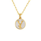 Saints and Saviors Dainty Fancy Initial Pendant Necklace gold letter Y on small silver disc