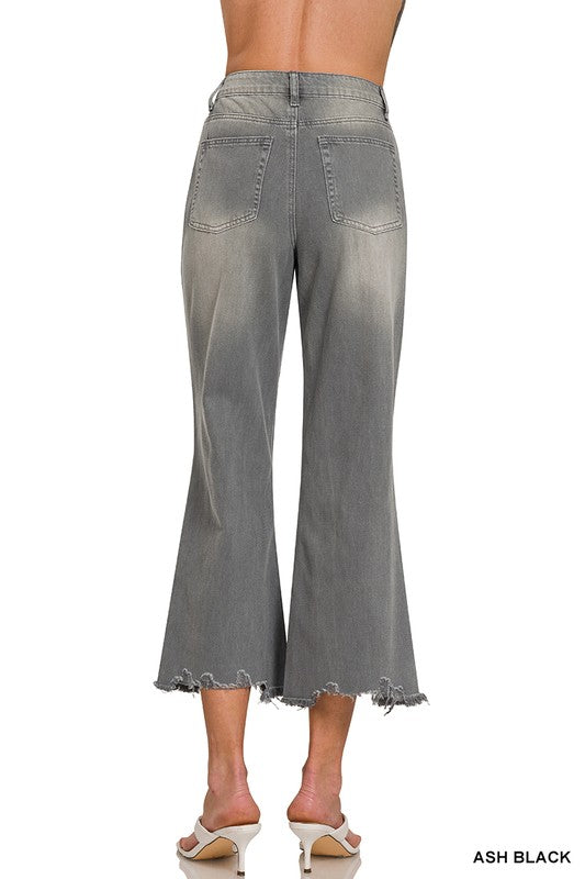 Ash Black  Washed Distressed Knee And Hem Cropped Jeans
