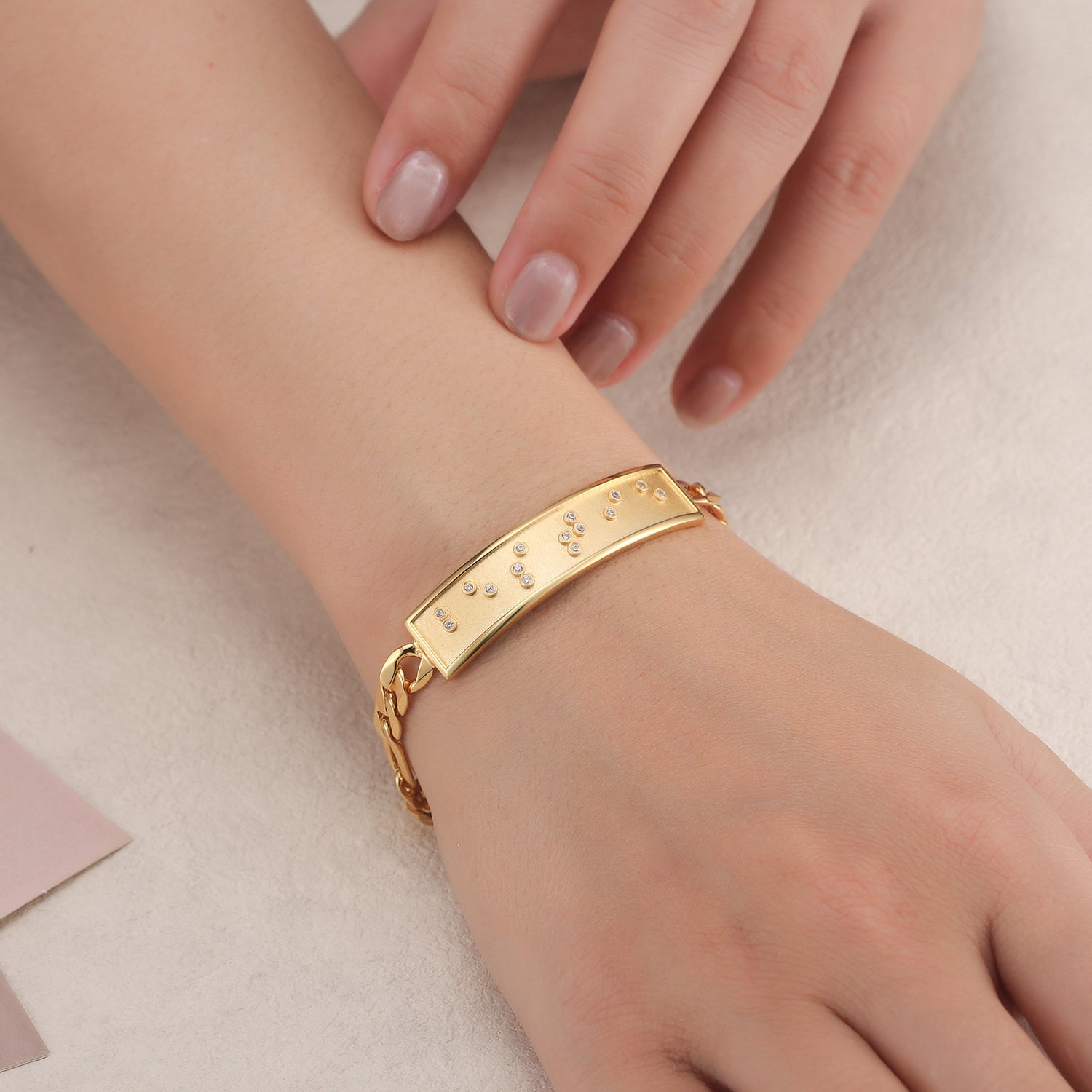 Touchstone 'Bestie' ID Link Bracelet with Braille Crystals in Gold on Model