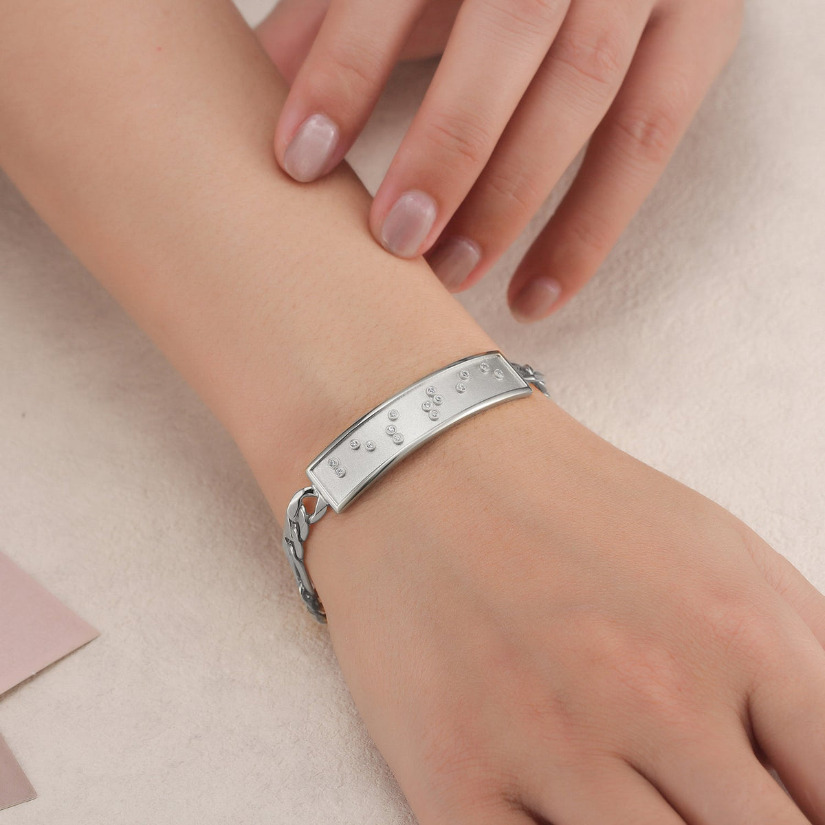 Touchstone 'Bestie' Braille Crystals ID Link Bracelet in Silver on Model