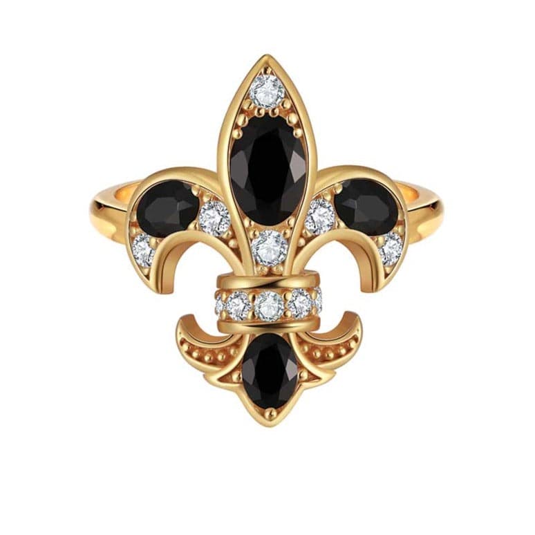 Saints & Saviors Gold Deni Fleur de Lis Onyx Ring with Clear Crystals