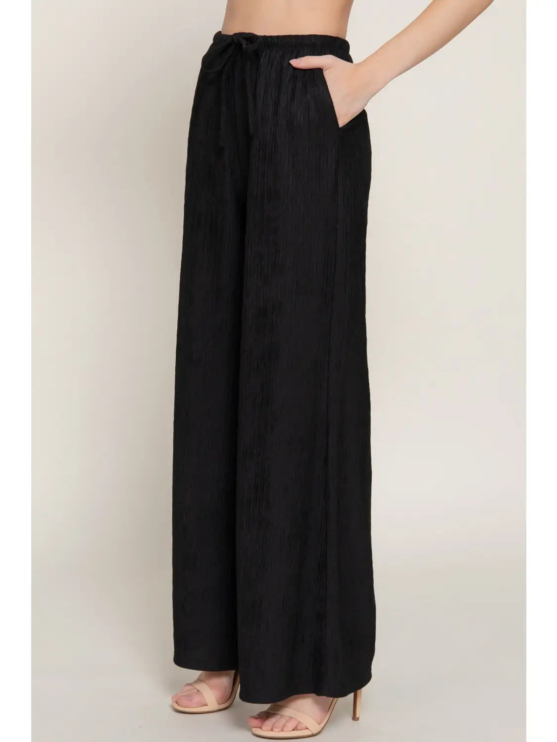 Black Drawstring Crinkle Knit Long Pants