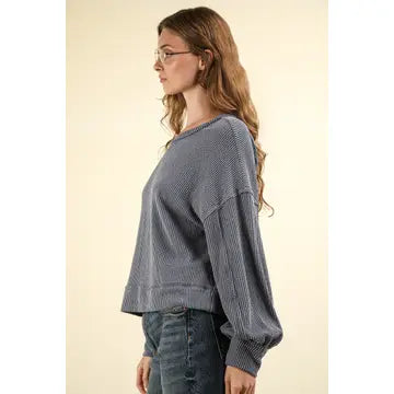 Blue Two Tone Otto Ribbed Oversized Soft Comfy Knit Top - Athena's Fashion Boutique