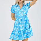 Blue Line Art Print Short Puff Sleeve Mini Dress