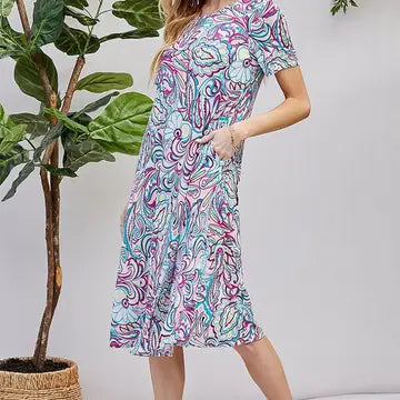 Women's Paisley Short Sleeve Midi Dress with Pockets
