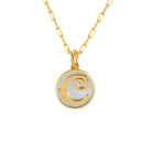 Saints and Saviors Dainty Fancy Initial Pendant Necklace gold letter C on small silver disc