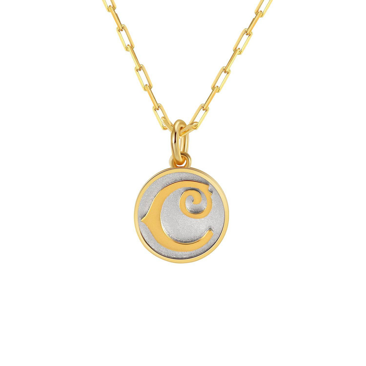 Saints and Saviors Dainty Fancy Initial Pendant Necklace gold letter C on small silver disc