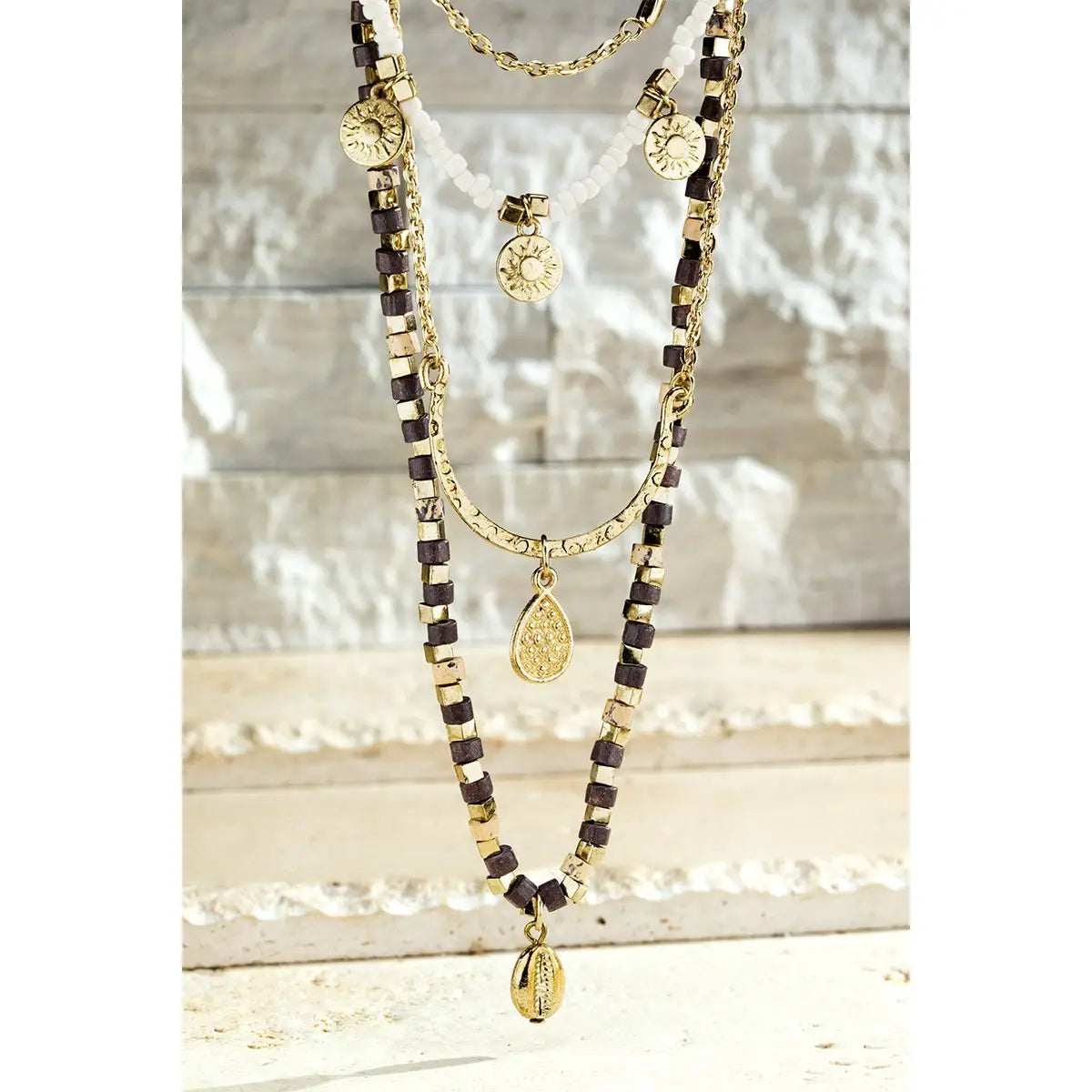 Glass Bead and Metal Charms Multi 5  Strand Necklace - Athena's Fashion Boutique