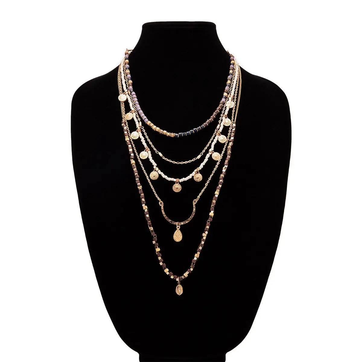 Glass Bead and Metal Charms Multi 5  Strand Necklace - Athena's Fashion Boutique