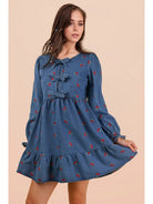 Cherry Print Soft Washed Denim Casual Mini Dress