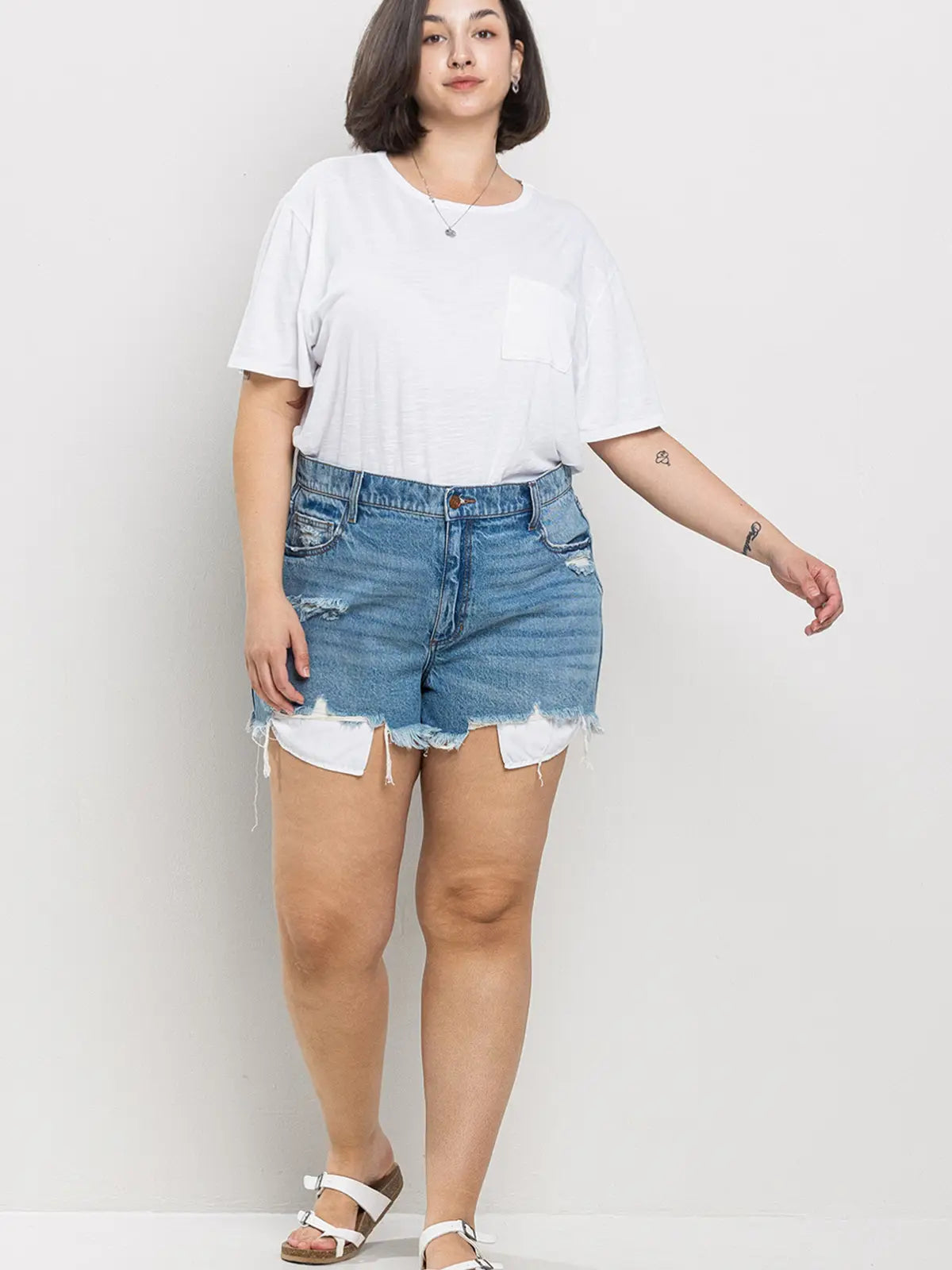 High Rise Plus Distress Denim Shorts