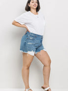 High Rise Plus Distress Denim Shorts