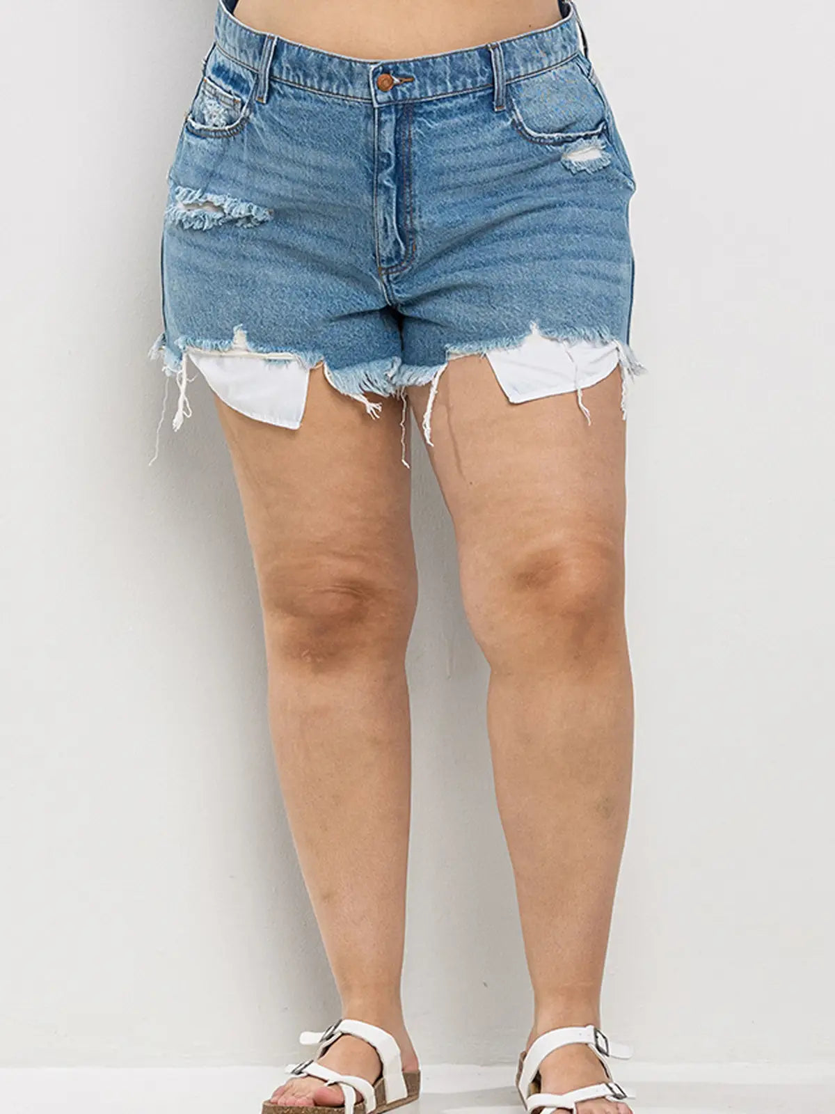 High Rise Plus Distress Denim Shorts